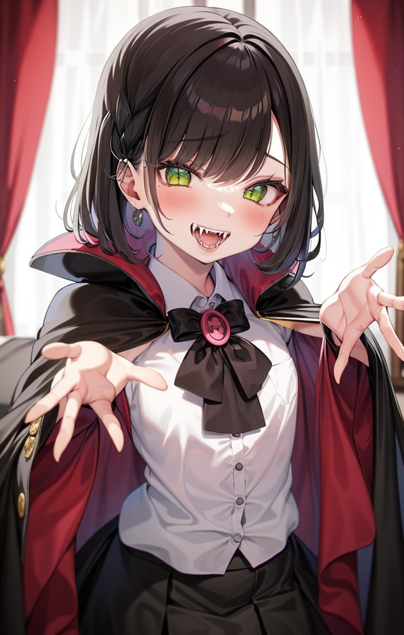 51397-4111937998-masterpiece, soft lighting, 1girl, fangs, cape, button up shirt, skirt, scary pose, green eyes, black hair.png